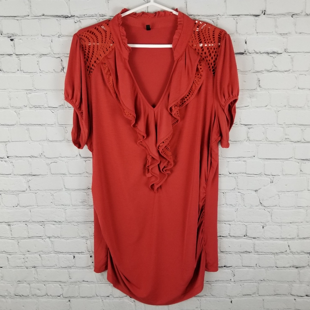 Maternity ruched ruffle eyelet detail blouse